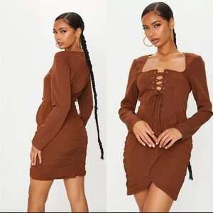 PRETTYLITTLETHING Lace Up Front Long Sleeve Bodycon Dress